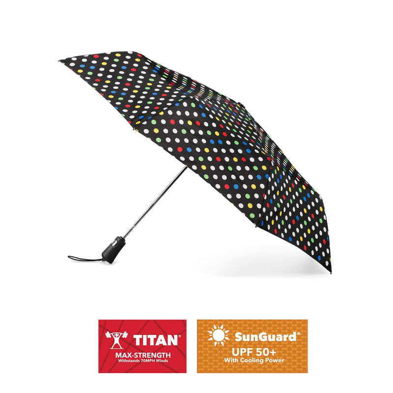 totes Portable Umbrella for Travel – Compact for Car, Backpack and Purse – Windproof, Strong, UV Sun Protection, Water-Repellant, Foldable On-the-Go Umbrella with Auto Open/Close Multi Dot -Triple Protection
