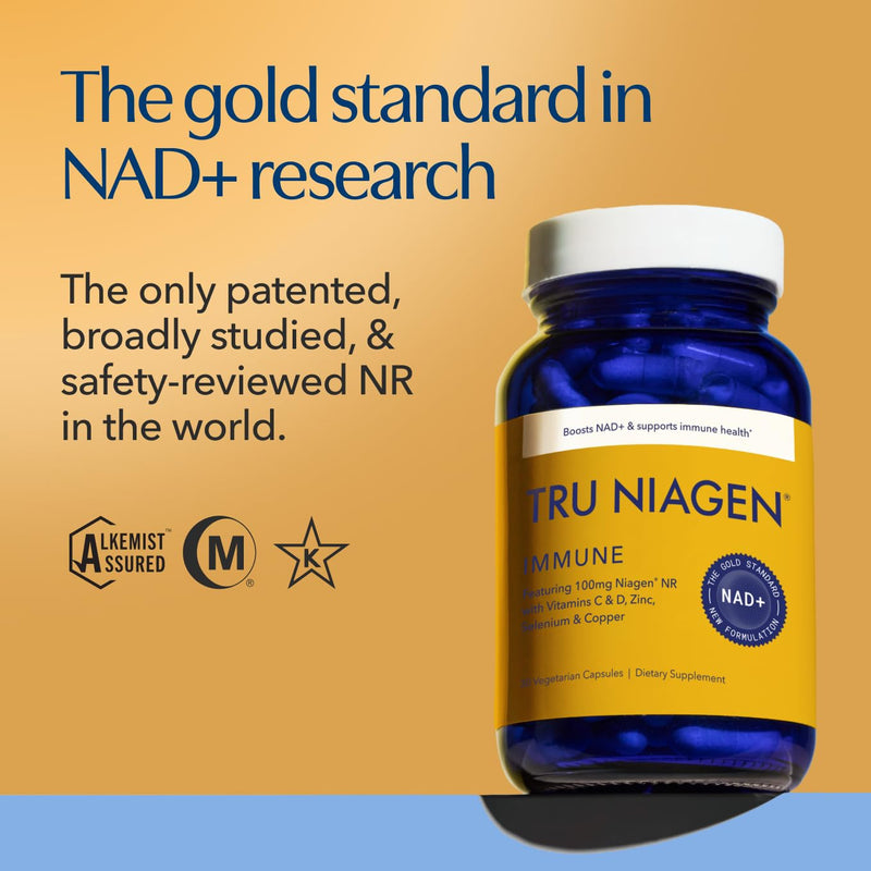 TRU NIAGEN NAD+ Immune Cell Support, Vitamin C, D3, Zinc, 100mg NR, 30ct | Daily immune support with Vitamin C, vegan D3, Zinc, Selenium & Copper, plus 100mg patented Niagen NR to boost NAD+ levels.