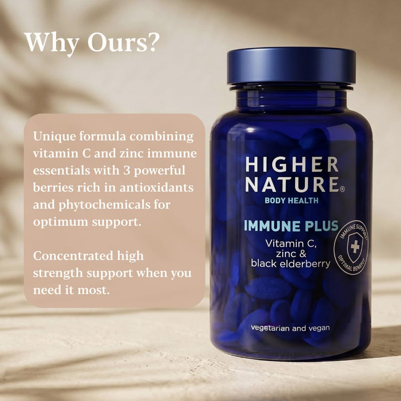 Higher Nature Immune Plus - Vitamin C with Zinc & Black Elderberry - Immune Support Supplements - Vegetarian and Vegan Multivitamin - 90 Tablets Blackberry 90 count (Pack of 1)