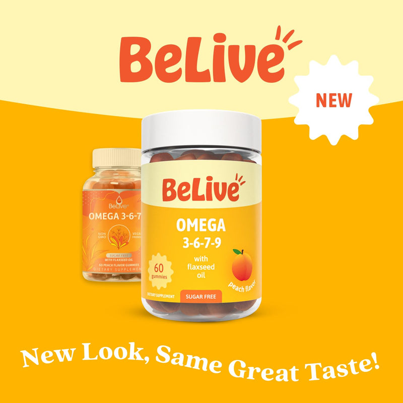 BeLive Omega 3 6 7 & 9 Gummies for Healthy Heart and Brain, Zero Sugar | From Flaxseed Oil & Sea Buckthorn Fruit Oil for Full Body Overall Support, Brain & Eye, Bone & Joint - Peach Flavor - 60 Ct 1