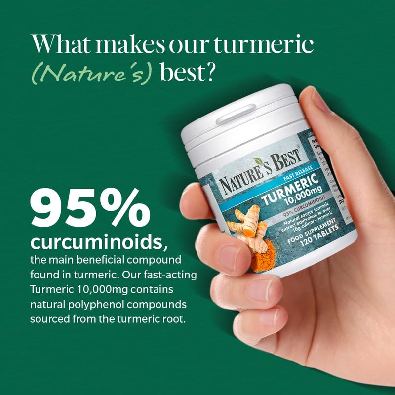 Nature's Best Turmeric 10,000mg Tablets Fast Release - High-Strength, 95% Curcuminoids - Taste-Free - UK Made - 120 Tablets (4 Months' Supply)