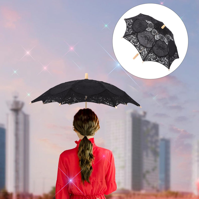 Toyvian Bridal Wedding Lace Parasol: 25.35 Inches White Lace Umbrella Women Vintage Umbrellas Handmade Boho Parasol with Black
