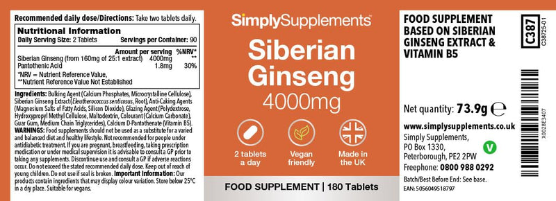Siberian Ginseng Tablets | Supports Mental Performance & Reduces Fatigue | Suitable for Vegans and Vegetarians | 360 Tablets = 6 Months’ Supply | Made in The UK in Accordance with GMP Standards Unflavoured 180 count (Pack of 2)