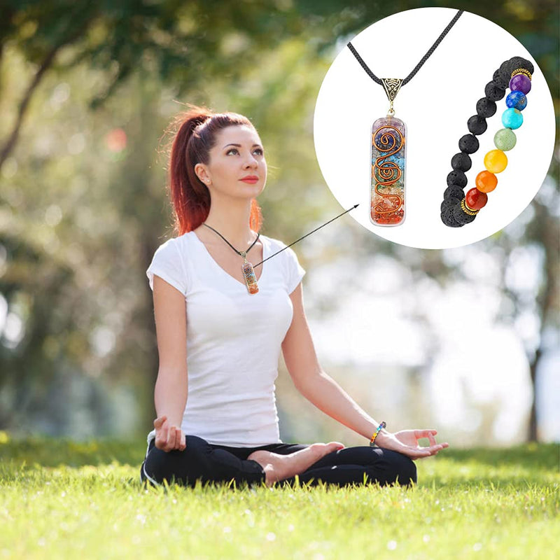 [Australia] - TOFBS Chakra Crystal Pendant Necklace & Bracelet Jewelry Set for Women Men, Reiki Healing Stone Necklace Bracelet Lucky Charm for Healing Protection Positive Energy Yoga Balance Meditation 