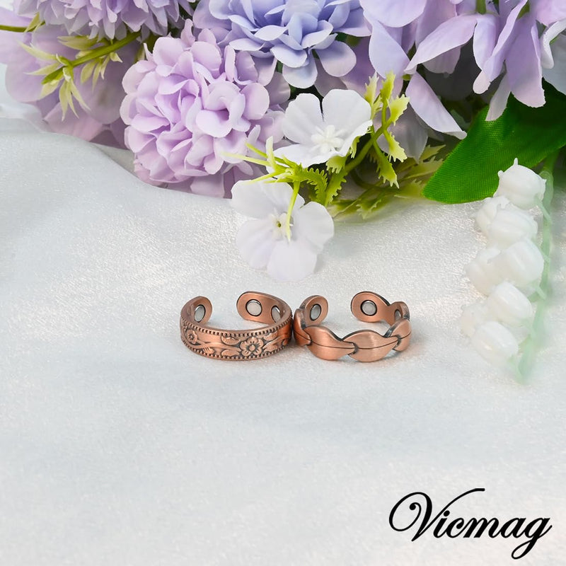 [Australia] - Vicmag Copper Magnetic Ring for Women, Copper Ring Ladies Fingers Thumb 100% Solid Pure Copper Jewelry Gift Adjustable Rose Gold+Copper Flower 