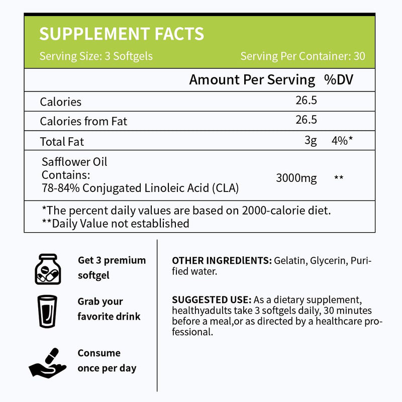 [Australia] - CLA 3000mg Softgels ‚Äì Conjugated Linoleic Acid with Safflower Oil ‚Äì CLA Supplement for Weight Management ‚Äì Gluten Free ‚Äì 90 Softgels 
