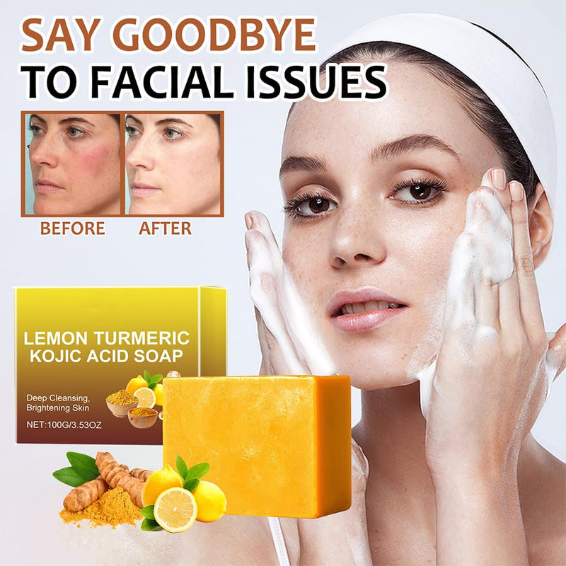Jabon de Curcuma Para las Manchas, Acido Kojico para Manchas, 2PCS | Jabón de Curcuma, Aceite de Coco, Vitamina E, Triple Para Rostro y Cuerpo, Jabón Para Piel Grasa y Seca