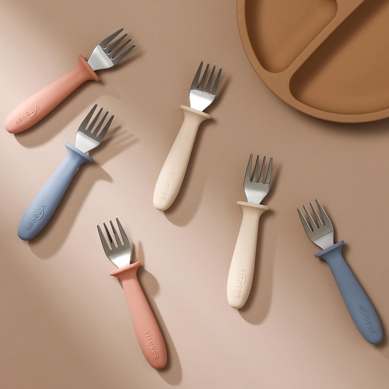 [Australia] - 6 Pieces Toddler ForksÔºåKids Safe Utensils Set with Silicone Round Handle for Self FeedingÔºå18/8 Stainless Steel Baby ForksÔºåChildren's Silverware Set BPA Free, Dishwasher Safe Red/Blue/White 