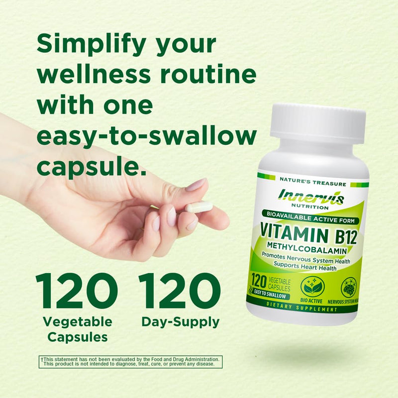 Methyl B12 1000mcg (120 Caps) High Absorption Methylcobalamin for Sustained Energy, Nerve & Heart Health* - Vegan Vitamin B12 by Innervis Nutrition