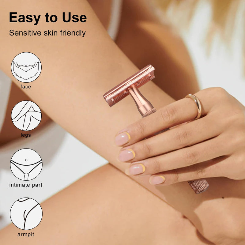 Rose Gold Double Edge Safety Razor with Stand, Single Blade Razors for Women and Men, Reusable Metal Razor, with 10 Double Edge Blades, Smooth & Close Shave, Plastic Free Rose Gold with Stand