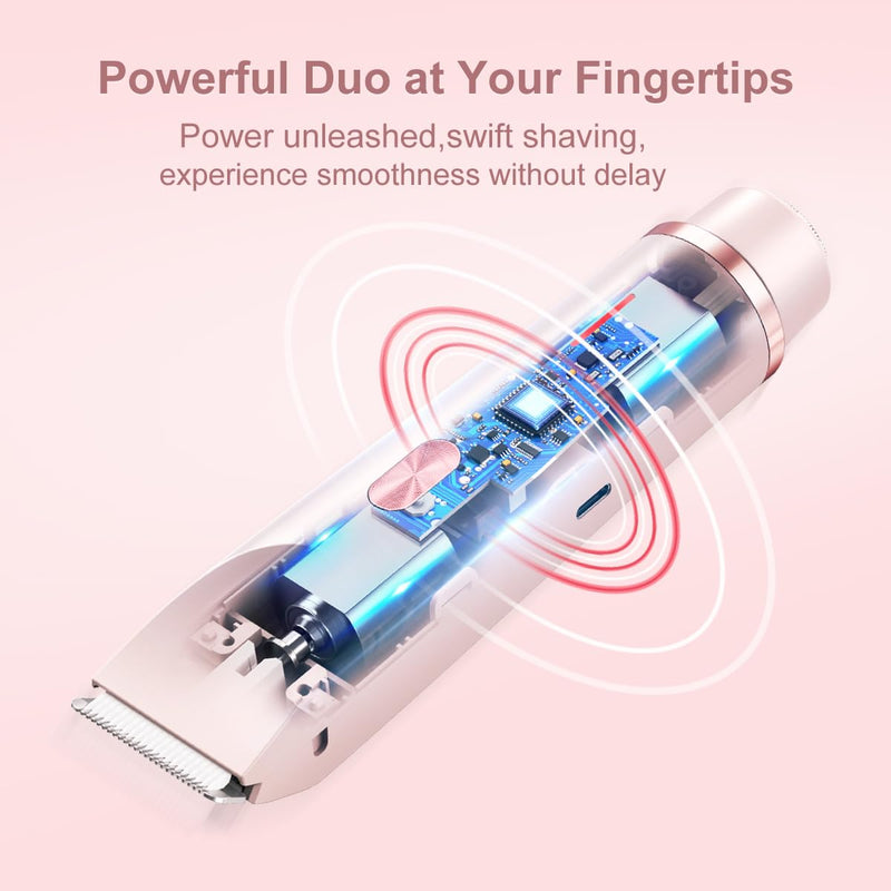 Women's Electric Shaver Bikini Trimmer for Women Razors 2-in-1 Dual Head Design IPX7 Waterproof Wet & Dry Use Body Groomer Hair Trimmer Remover for Facial Underarm Arm Face Leg Bikini (Pink) Pink
