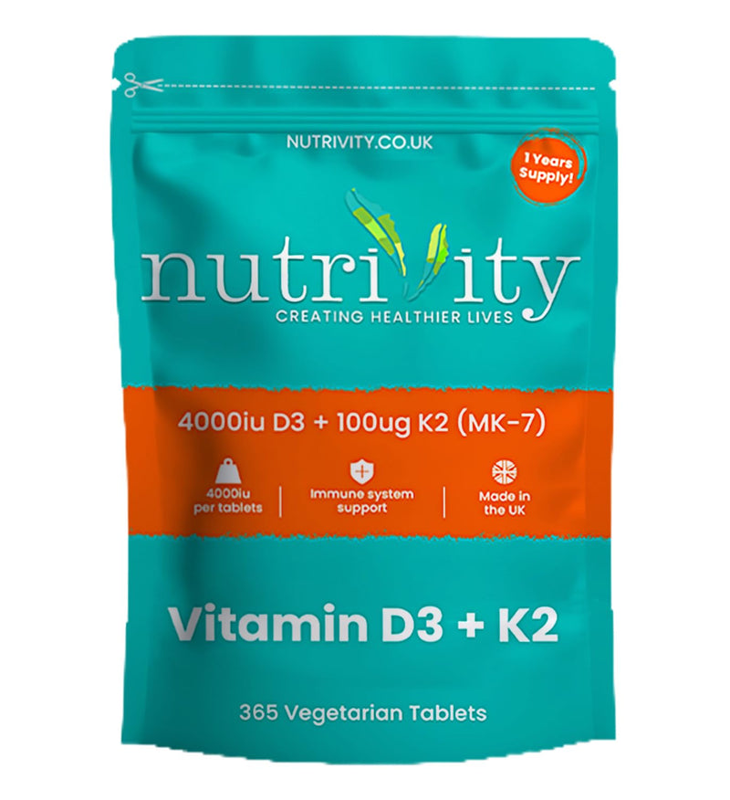 Vitamin D3 4000 IU & Vitamin K2 MK7 100µg | 365 High Strength Vitamin D3 K2 Vegan Tablets | 1 Year Supply D3 and K2 Supplements | Bone, Muscle & Immune Support | Halal | Gluten & Sugar Free | UK Made