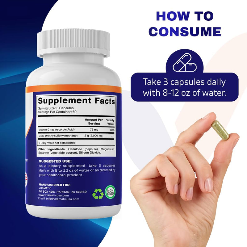 [Australia] - Vitamatic MSM 2000 mg with Vitamin C 75mg per Serving - 180 Veg Capsules - Vitamin C Aid in Better absopriton of MSM (Methylsulfonylmethane) - Non-GMO & Gluten Free 180 Count (Pack of 1) 
