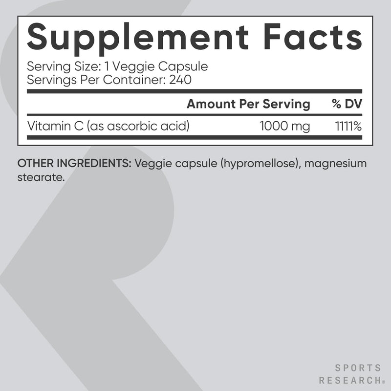Sports Research® High Potency Vitamin C 1000mg, 240 Count Veggie Capsules | Antioxidant Activity & Immune Support | Ascorbic Acid Vitamin C | Non-GMO Verified & Gluten Free - 240 Servings Non-GMO Capsules