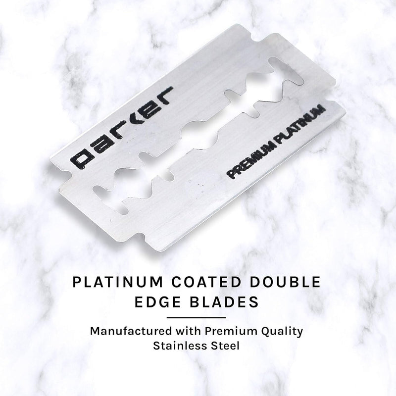 Parker, 96R Graphite Gray Long Handle Butterfly Open Double Edge Safety Razor for Men, 5 Parker Premium Platinum Double Edge Razor Blades Included