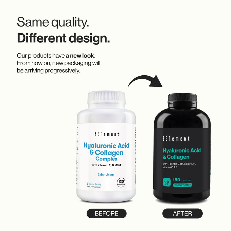 Hyaluronic Acid & Collagen with Biotin, Zinc, Selenium, Vitamins C & E - 150 Capsules - for Skin, Joints and Bones - 1000 mg Collagen + 200 mg Hyaluronic Acid per Serving - Zenement