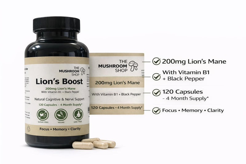 Lion’s Mane Capsules 200mg (10:1 Extract) – 120 Capsules (4 Month Supply) – with Vitamin B1 & Black Pepper – Mushroom Shop