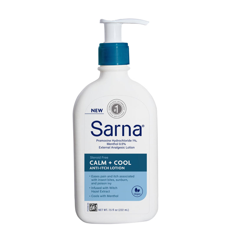 Sarna Calm + Cool Anti-Itch Lotion, Soothe and Relieve Pain and Itch from Insect Bites, Sunburn, & Poison Ivy, Contains 1% Pramoxine Hydrochloride, 0.5% Menthol, Vegan, Steroid-Free, 7.5oz Calm and Cool 7.5 Fl Oz (Pack of 1)