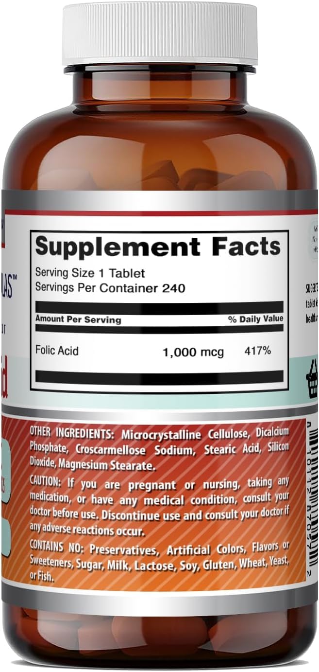 Amazing Formulas Folic Acid 1000 mcg (1 mg) Tablets Supplement | Vitamin B9 | Non-GMO | Gluten Free | Made in USA (240 Count | 3 Pack) Unflavored - 240 Count | 3 Pack