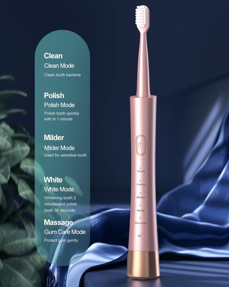[Australia] - Sonic Electric Toothbrush for Adults, USB Rechargeable Sonic Toothbrush with 8 Brush Heads, Smart Timer, 5 Modes, 2-hour Fast Charge Last 30 Days, Pink 
