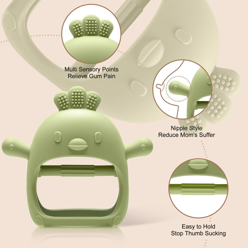 [Australia] - 2 Pack Baby Teething Toys for 0-6 6-12 Months, Never Drop Infant Teether Teething Mitten Toys for 0 3 6 9 12 Months, Newborn Soothing Teething Toy Gifts for 1 One Year Old Baby Boys Girls Beige & Green 