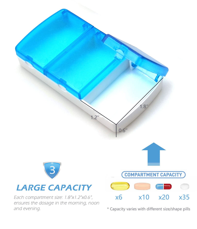 VOFOON Small Pill Organizer 3 Times a Day Daily 2 Pack, Travel Pill Box for Purse Pocket, 3 Compartment Portable Medicine Vitamin Case, Fish Oil Box, Supplement Box