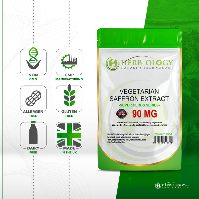 Herb-Ology Saffron Supplement | 60 Saffron Capsules (from 4:1 Extract) - 90mg Per Serving | High Strength | Non-GMO, Gluten, Dairy & Allergen Free | Manufactured in the UK 60 count (Pack of 1)