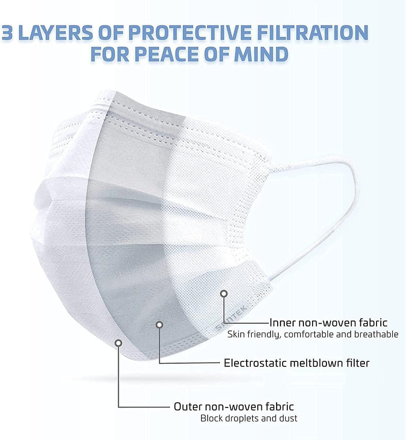 [Australia] - 100 PCS White Disposable Earloop Face Masks for Adults,Real 3-Ply Soft Fabric (2-Layer Non-Woven,1-Layer Melt-Blown),Anti-Dust,Water Proof,Single General Use w. Nose Clip (Other Color-Style Available) 1 Count (Pack of 100) 