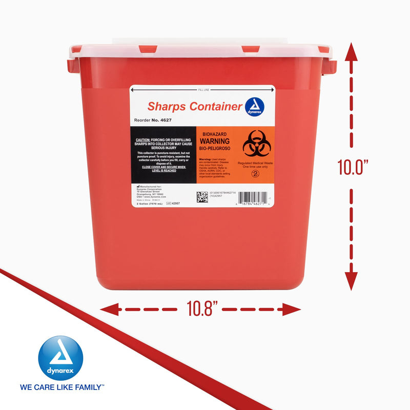[Australia] - Dynarex Sharps Container, Provides a Safe Disposal of Medical Waste and Needles, Non-Sterile & Latex-Free, 2 Gallons, Made with Thermoplastic, Red with a Transparent Lid, 1 Dynarex Sharps Container 2 Gallon (Single) 