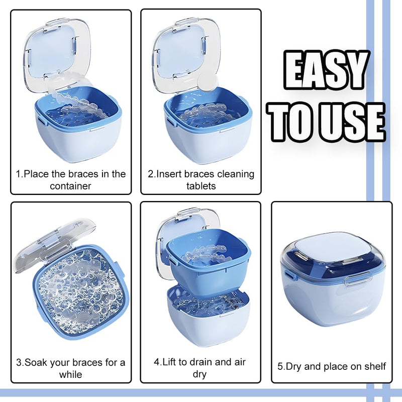 [Australia] - Denture Case, Retainer Cleaning Box, Large Capacity Denture Container Cup for Any Full and Partial Denture, Clear Dentures, Retainers, Night Guards (with Brush and Mirror) Pink 