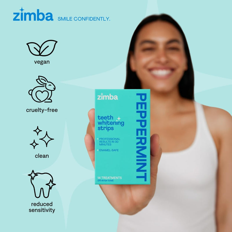 Zimba Mint & Peppermint Teeth Whitening Strips for Teeth Sensitive, White Strips for Teeth Whitening, Teeth Whitener Stain Remover 28 White Strips Included Per Pack, 2 Pack (14 Day Treatment)