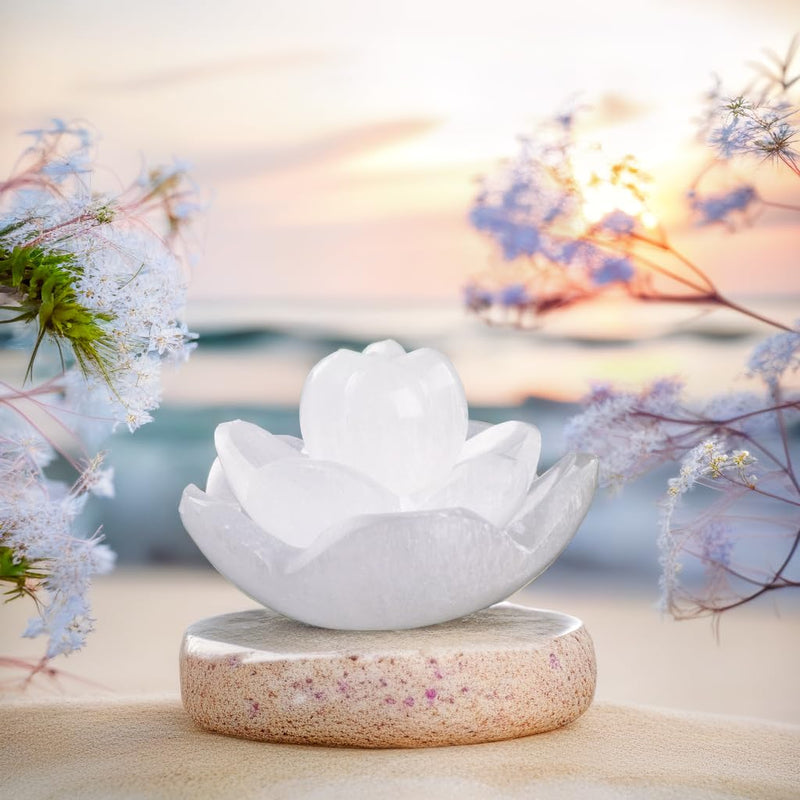 Wish Well Selenite Bowl for Crystal Charging, 4" Lotus Flower Crystal Bowl | 3 pc Lotus Flower Bowl for Cleansing Healing Stones, Protection Crystals, Spiritual Gifts & Decor, Crafted in Morocco 4" Lotus Flower Bowl