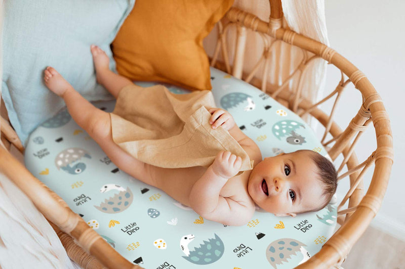 [Australia] - GRSSDER Stretchy Ultra Soft Fitted Bassinet Sheet Set 2 Pack, Universal Fit for Bassinets Baby Cradle Moses Basket Oval Rectangle Pad/Mattress, Happy Dinosaurs Bassinet Sheets for Girls and Boys Blue 
