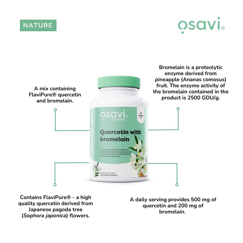 Osavi Quercetin with Bromelain – 60 Vegan Capsules | FlaviPure® Quercetin Extracted from Japanese Pagoda Tree & Bromelain from Pineapple | Supports Antioxidant Defense & Immune Health