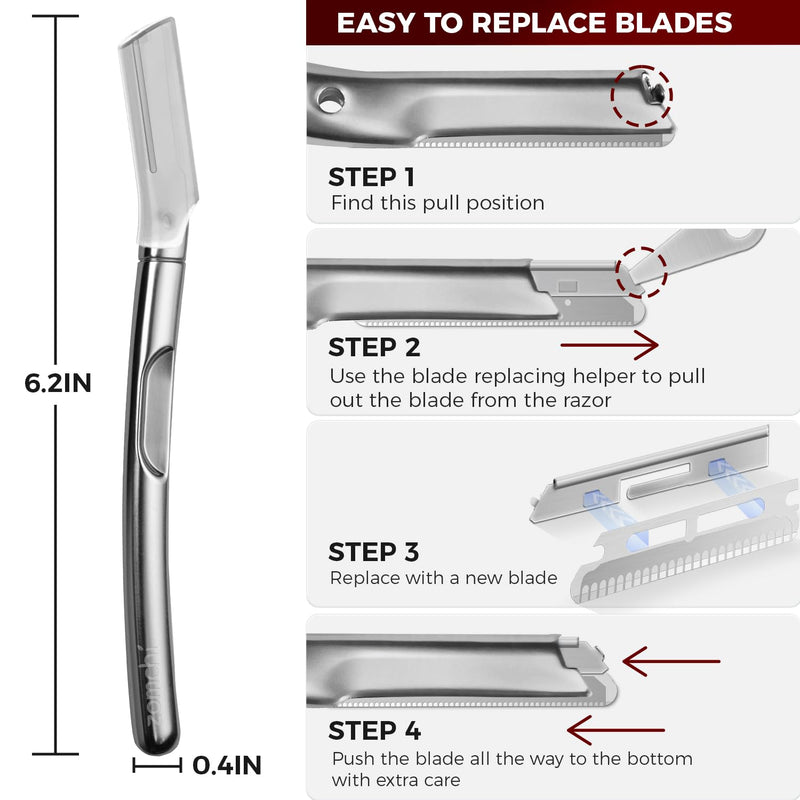 [Australia] - ZOMCHI Eyebrow Razor and Face Razor for Women and Men, Reusable Metal Handle with 11 Refill Blades, Dermaplane Razor with Protective Silicone Cap, Eyebrow Hair Trimmer - Polished Silver 