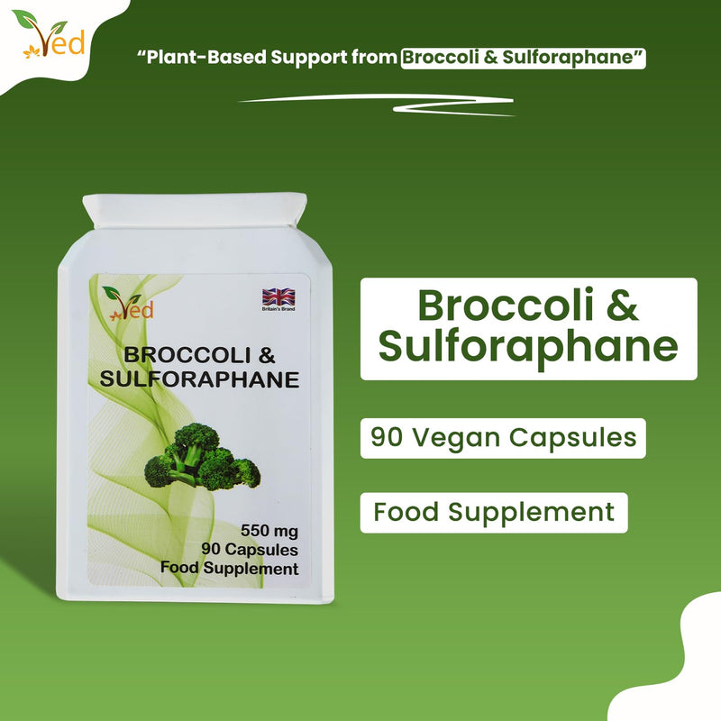 Ved Broccoli Sulforaphane, Broccoli Powder Rich in Vitamins and Minerals, 550 mg 90 Vegan Capsules (45 Days supplys)