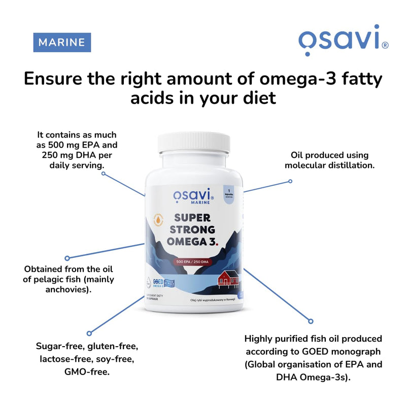 Osavi Super Strong Omega–3 500 EPA / 250 DHA – 90 Softgels | Concentrated Omega–3 from Pelagic Fish | Supports Heart Health, Brain Function, and Vision | Highly Purified with Molecular Distillation 90 count (Pack of 1)