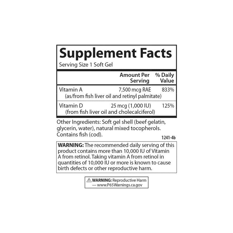 [Australia] - Carlson - A & D, 25000 IU (7500 mcg RAE) Vitamin A, 1000 IU (25 mcg) Vitamin D, Vision Support, Skin Health, 100 Softgels 1 Count (Pack of 100) 
