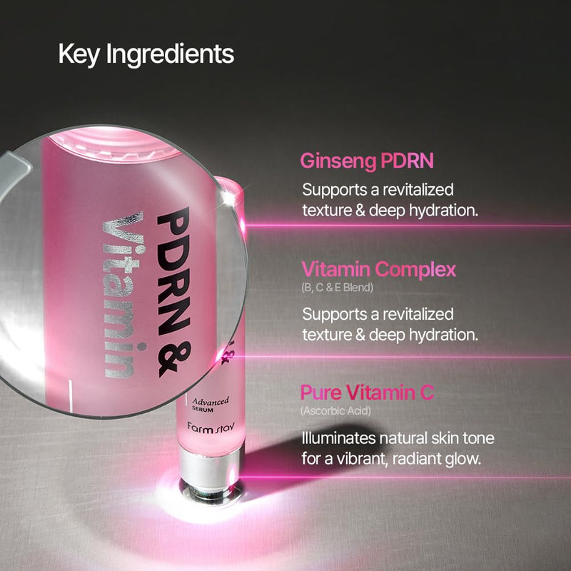 FARMSTAY PDRN & Vitamin Advanced Serum | Lightweight Non-Sticky Glow Boosting Hydrating Calming Uneven Tone Korean Soothing Ginseng Hyaluronic Acid Sensitive All Skin Type 1.01 Fl Oz