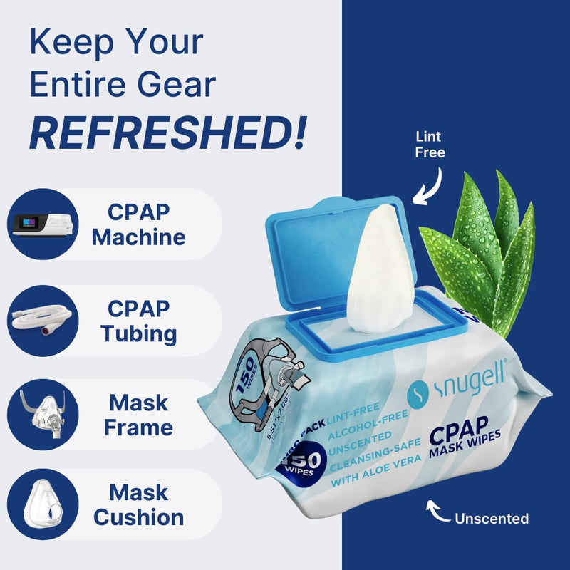 [Australia] - Snugell Unscented Travel CPAP Mask Wipes Antibacterial (150 Count) ‚Äì100% Soft Cotton‚Äì Lint & Alcohol-Free,Skin Safe with Aloe Vera ‚Äì Easy Opening CPAP Cleaner and Sanitizer for Masks, Tubes & Devices 150 Count (Pack of 1) 