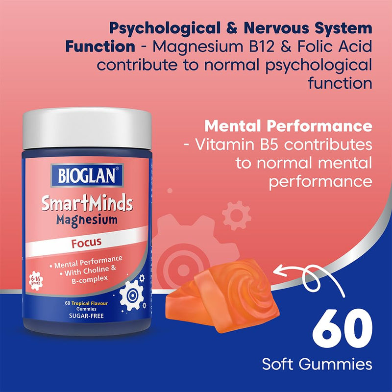 Bioglan SmartMinds Magnesium Focus Gummies for Kids, Sugar Free Tropical, Magnesium, Choline, Vitamin B5, B12 & Folic Acid, Children Age 6-16, 60 Gummies