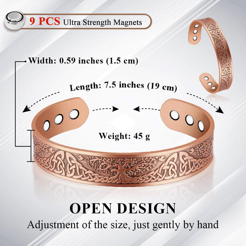 [Australia] - Vicmag Copper Bracelet for Men 9X Strength Magnetic 99% Pure Copper with 5000 Gauss Magnets, Tree of Life Present Box Adjustable Tree Raven Copper 
