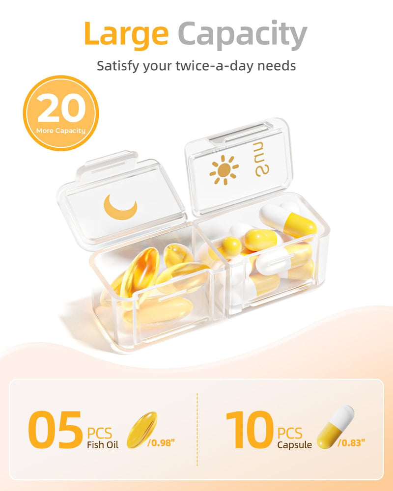 Betife AM PM Pill Organizer 2 Times a Day, 7 Day Pill Box - Yellow | Removable AM/PM Daily Cases; Roomy for Fish Oil and Vitamins; Sturdy ABS Shell with Moisture-Resistant Silicone Protection. Beige