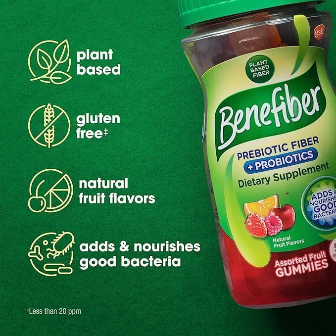 [Australia] - Benefiber Prebiotic Fiber Supplement Gummies with Probiotics for Digestive Health, Assorted Fruit Flavors - 50 Count 