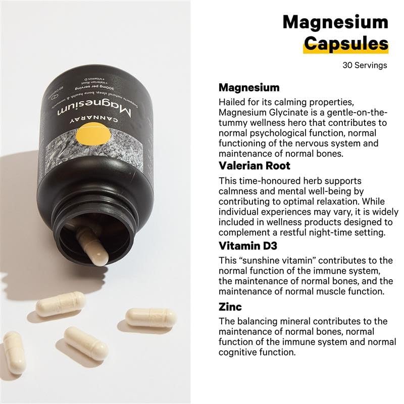 CANNARAY Magnesium Capsules 300mg with Added Valerian Root and Vitamin D. Supports Natural Sleep and Immunity