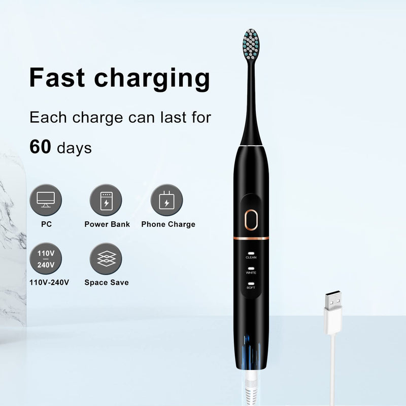 [Australia] - Electric Toothbrush Set, Comes with 8 Brush Heads & Travel Case,4 Modes with 2 Minutes Built in Smart Timer, One Charge for 60 Days, 42000 VPM Motor (Black) Black 