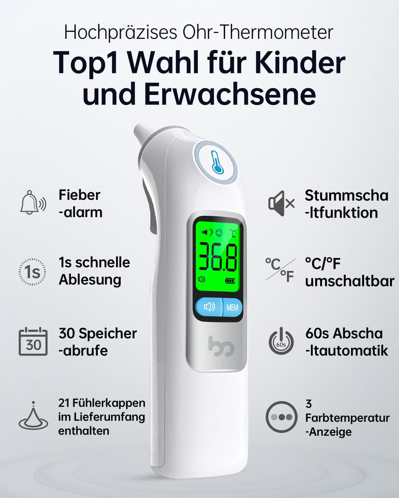 [Australia] - Fever Thermometer Ear for Adults & Children, 1s Result High Precision Ear Thermometer, 30 Memory Retrieval, 3 Color Fever Alarm, with 21 Disposable Probe Covers & Storage Box 