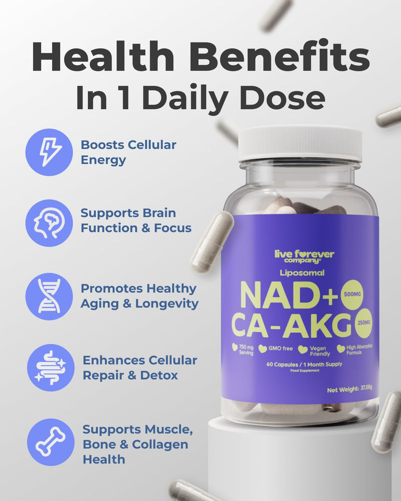 Liposomal NAD+ Supplement 500MG with 250MG Ca-AKG, Max Absorption, Support Cellular Energy & Healthy Aging, 60 Capsules