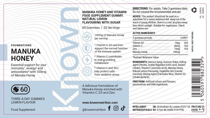 Known Manuka Honey Gummies – Lemon Flavour – 100mg Manuka Honey with Vitamin C, D3 & Zinc – Chewable Gummy Supplement – Natural Immune & Wellness Support – 1 Month Supply – for Men & Women