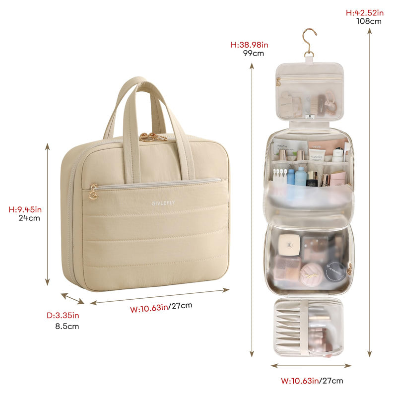 GIVLEFLY Luxury Hanging Makeup Bag for Women, Large 4-Layer Foldable Waterproof Cosmetic & Skincare Organizer with Handle, Fits Suitcase & Train Seat for Travel（beige） Beige